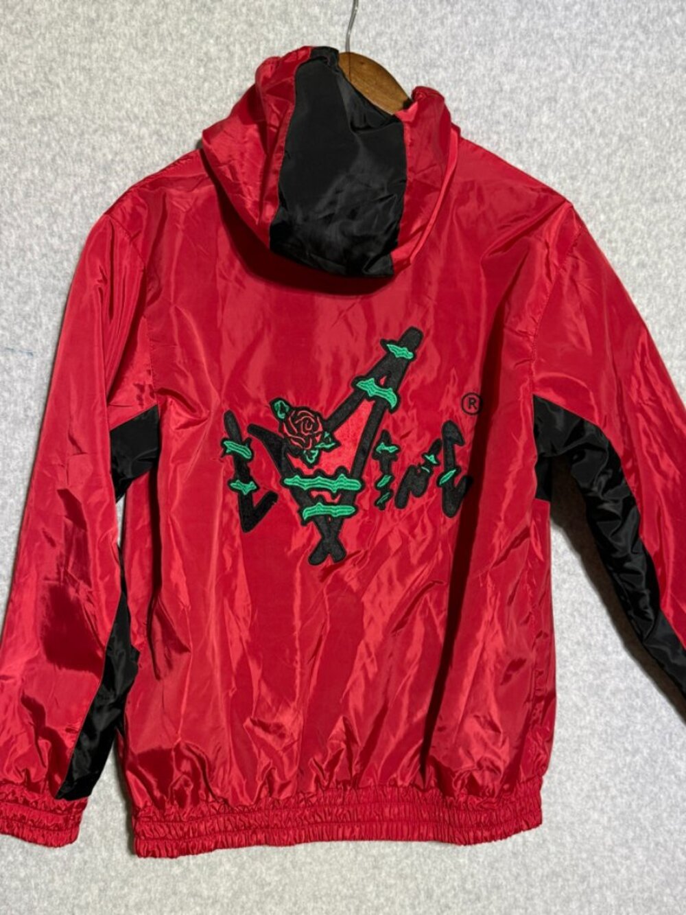black and red grunge windbreaker rose embroidered medium